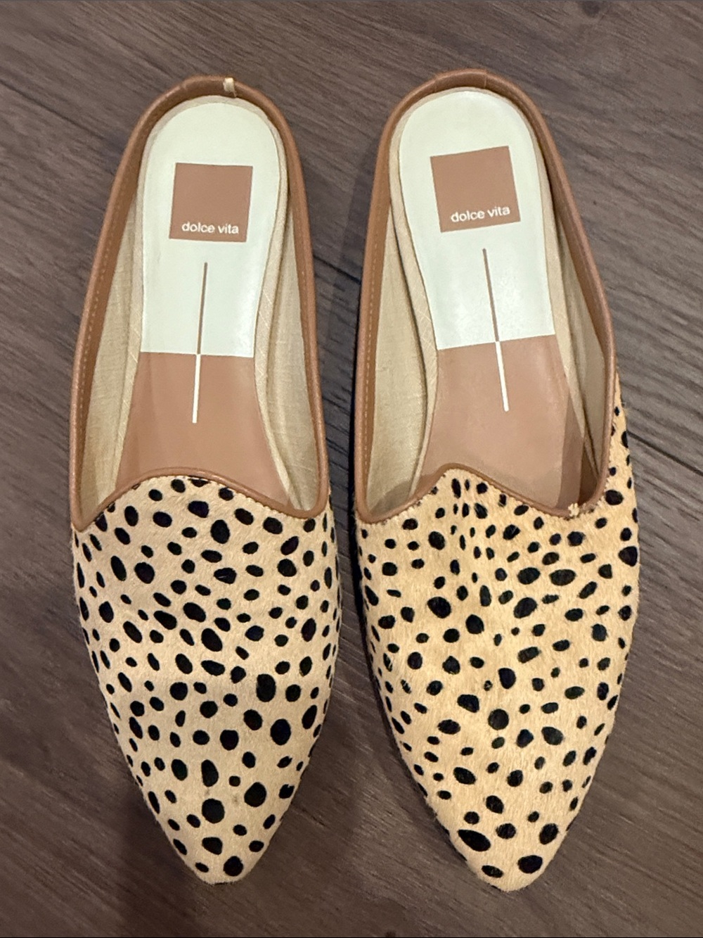 Dolce Vita Tan with Black Spotted Pointed Mules - Picture 2 of 8